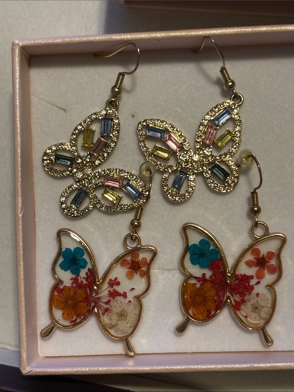 Butterfly Dangle Earrings Set in Gold with Multicolor Accents
